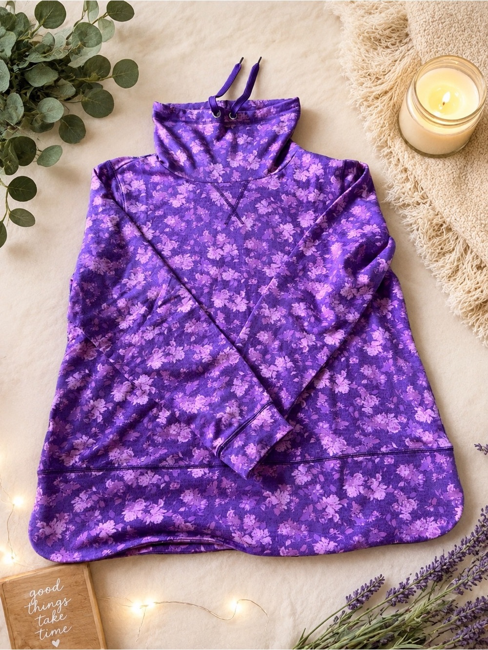 Isaac Mizrahi Purple Floral Funnel Neck Pullover NWOT 22” PTP